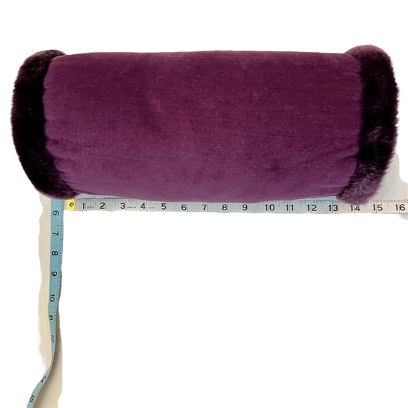 Luxurious Eggplant Faux Velvet and Fur Round Bolster Decorative Pillow - Picture 2 of 7